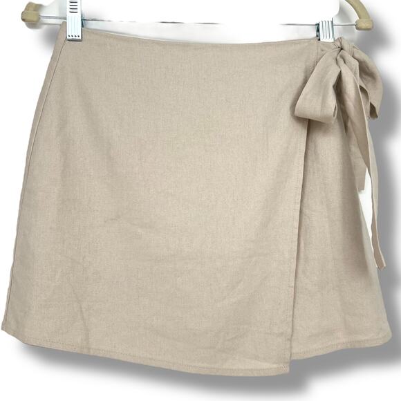 FOREVER 21 Linen Blend Faux Wrap Skirt Side Tie  XS Neutral Minimalist Preppy - Picture 4 of 7